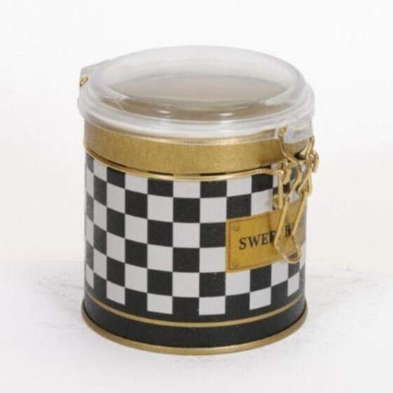 Ø90x90 Round Tin Box 0.5L Wire Clasp and Transparent Lid Checkerboard — Round Boxes — Tinbox
