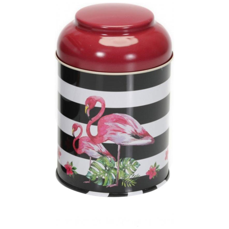 Ø90 x 110 mm Yuvarlak Metal Kutu – 0,6 L, Kubbeli Kapaklı, Pembe Flamingo Çizimli Arka Plan — Yuvarlak Kutular — görsel 2 …
