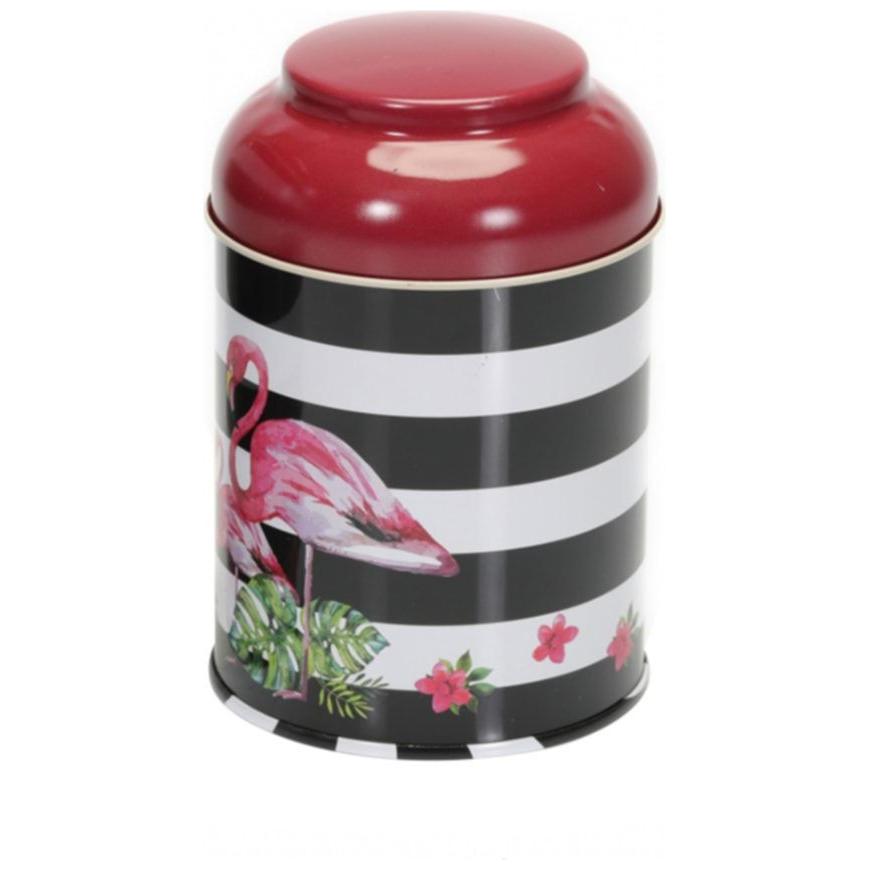Ø90 x 110 mm Yuvarlak Metal Kutu – 0,6 L, Kubbeli Kapaklı, Pembe Flamingo Çizimli Arka Plan — Yuvarlak Kutular — görsel 3 …