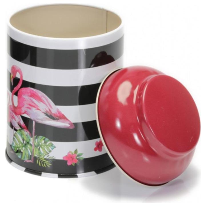 Ø90 x 110 mm Yuvarlak Metal Kutu – 0,6 L, Kubbeli Kapaklı, Pembe Flamingo Çizimli Arka Plan — Yuvarlak Kutular — görsel 4 …