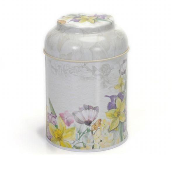 Ø90 x 110 mm Yuvarlak Metal Kutu – 0,6 L, Kubbeli Kapaklı, Çiçek Grisi — Yuvarlak Kutular — görsel 2 / 4 — Tinbox
