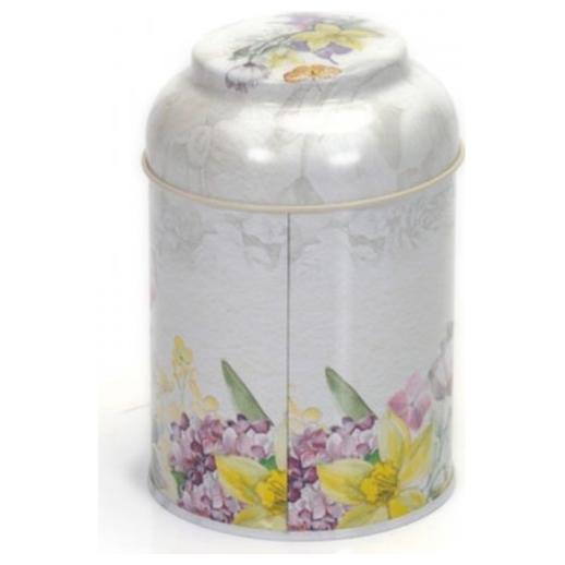 Ø90 x 110 mm Yuvarlak Metal Kutu – 0,6 L, Kubbeli Kapaklı, Çiçek Grisi — Yuvarlak Kutular — görsel 3 / 4 — Tinbox
