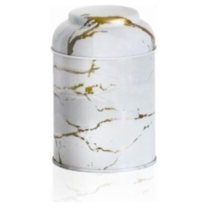 Ø90 x 110 mm Yuvarlak Metal Kutu – 0,6 L, Kubbeli Kapaklı, Mermer Beyazı — Yuvarlak Kutular — Tinbox