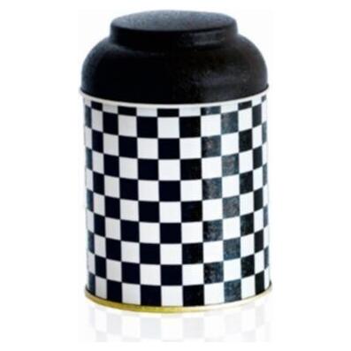 Ø90 x 110 mm Yuvarlak Metal Kutu – 0,6 L, Kubbeli Kapaklı, Kareli Desenli — Yuvarlak Kutular — Tinbox