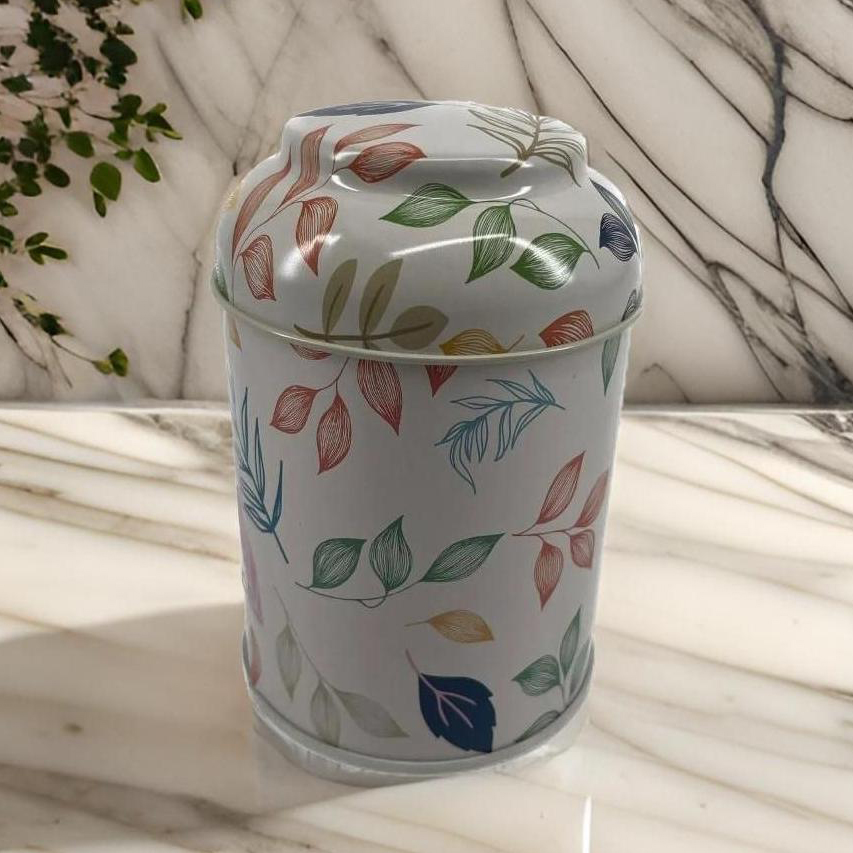 Ø90 x 110 mm Yuvarlak Metal Kutu – 0,6 L, Kubbeli Kapaklı, Yaprak Desenli — Yuvarlak Kutular — görsel 2 / 2 — Tinbox