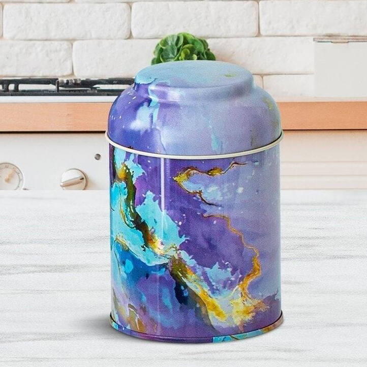 Ø90 x 110 mm Yuvarlak Metal Teneke Kutu – 0,6 L, Kubbeli Kapaklı, Pembe ve Altın Mermer Dokulu — Yuvarlak Kutular — Tinbox