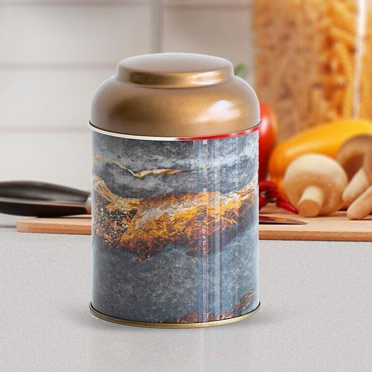 Ø90 x 110 mm Yuvarlak Metal Kutu – 0,6 L, Kubbeli Kapaklı, Rock and Gold — Yuvarlak Kutular — görsel 3 / 3 — Tinbox