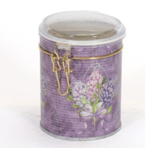 Ø90x110 mm Yuvarlak Teneke Kutu 0.6L Tel Tokalı ve Şeffaf Kapaklı Çiçek Moru — Yuvarlak Kutular — görsel 3 / 5 — Tinbox