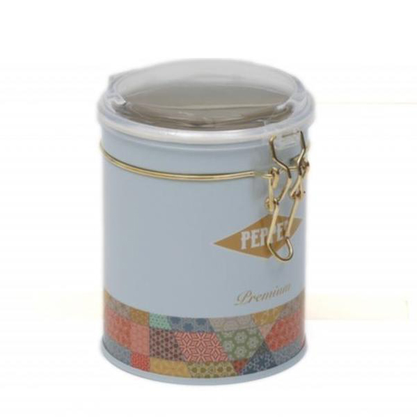 Ø90x110 mm Round Tin Box 0.6L Wire Clasp and Transparent Lid Patchwork Pattern Blue Background — Round Boxes — view 2 of 4…
