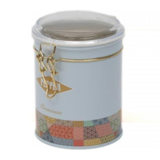 Ø90x110 mm Round Tin Box 0.6L Wire Clasp and Transparent Lid Patchwork Pattern Blue Background — Round Boxes — view 3 of 4…