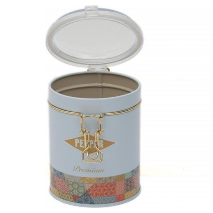 Ø90x110 mm Round Tin Box 0.6L Wire Clasp and Transparent Lid Patchwork Pattern Blue Background — Round Boxes — view 4 of 4…