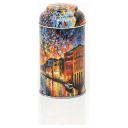 Ø90 x 150 mm Yuvarlak Metal Teneke Kutu – 0,9 L, Kubbeli Kapaklı, Afremov Venice — Yuvarlak Kutular — Tinbox