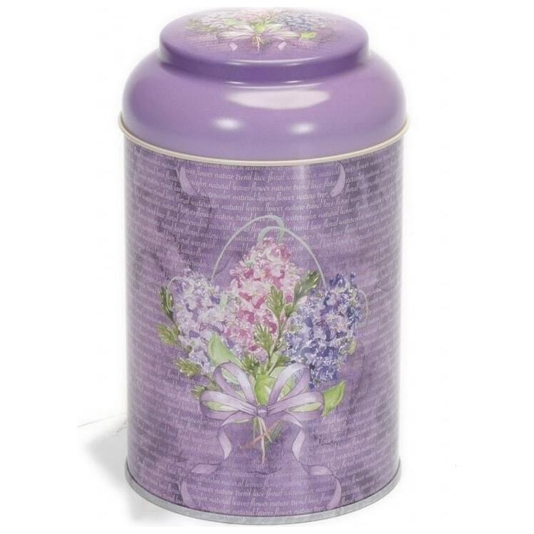 Ø90 x 150 mm Yuvarlak Metal Teneke Kutu – 0,9 L, Kubbeli Kapaklı, Mor Çiçek Desenli — Yuvarlak Kutular — görsel 2 / 5 — Ti…