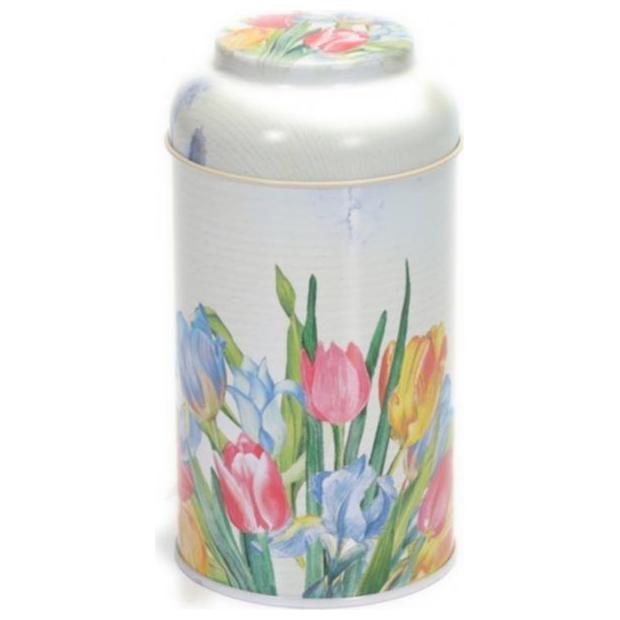Ø90 x 150 mm Yuvarlak Metal Teneke Kutu – 0,9 L, Kubbeli Kapaklı, Lale Çiçek Desenli — Yuvarlak Kutular — görsel 2 / 5 — T…