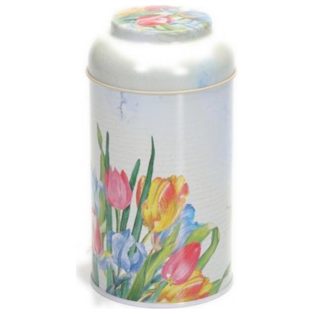 Ø90 x 150 mm Yuvarlak Metal Teneke Kutu – 0,9 L, Kubbeli Kapaklı, Lale Çiçek Desenli — Yuvarlak Kutular — görsel 3 / 5 — T…