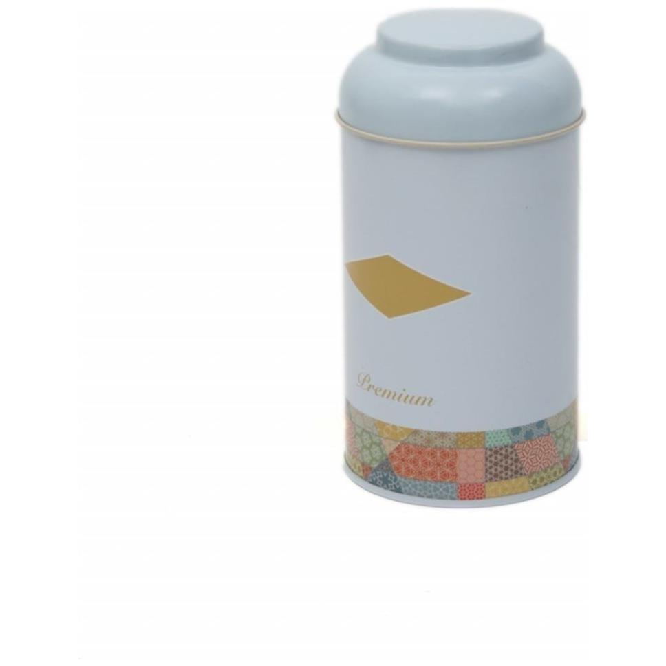 Ø90 x 150 mm Yuvarlak Metal Teneke Kutu – 0,9 L, Kubbeli Kapaklı, Yama Desenli, Mavi Arka Planlı — Yuvarlak Kutular — görs…