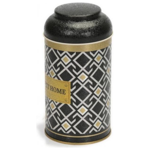 Ø90 x 150 mm Yuvarlak Metal Teneke Kutu – 0,9 L, Kubbeli Kapaklı, Dikişsiz Desen Tasarımı, Geometrik Çizgiler, Siyah Arka …