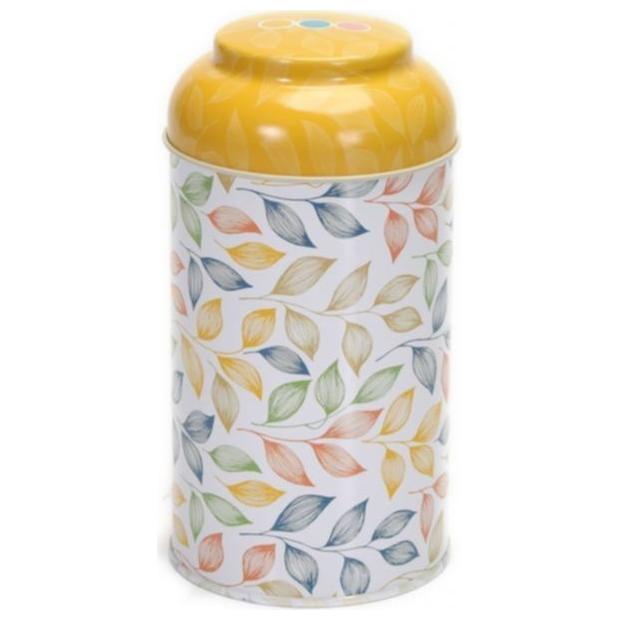 Ø90 x 150 mm Yuvarlak Metal Teneke Kutu – 0,9 L, Kubbeli Kapaklı, Yaprak Desenli — Yuvarlak Kutular — görsel 1 / 5 — Tinbox