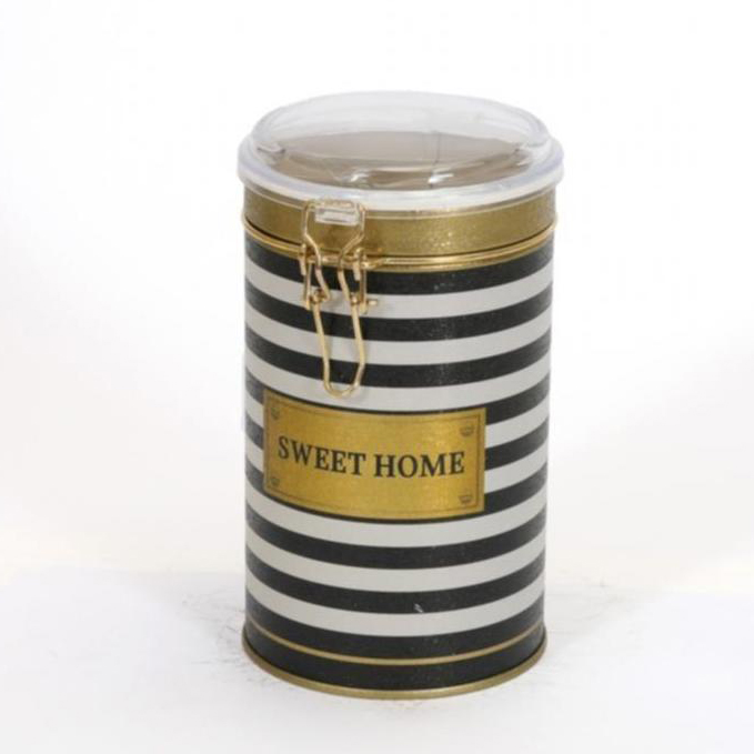 Ø90x130 mm Round Metal Tin Box 0.8L Wire Clasp and Transparent Lid Black and White Line Sweet Home — Round Boxes — view 2 …