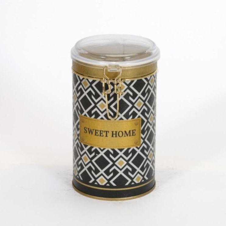 Ø90x130 mm Round Metal Tin Box 0.8L Wire Clasp and Transparent Lid Seamless Pattern Design Geometric Lines Black Backgroun…