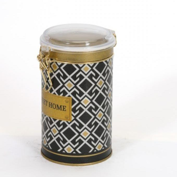 Ø90x130 mm Round Metal Tin Box 0.8L Wire Clasp and Transparent Lid Seamless Pattern Design Geometric Lines Black Backgroun…