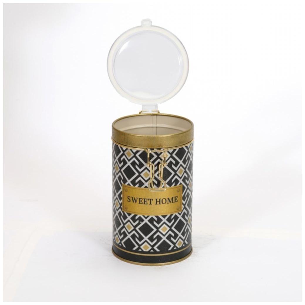 Ø90x130 mm Round Metal Tin Box 0.8L Wire Clasp and Transparent Lid Seamless Pattern Design Geometric Lines Black Backgroun…