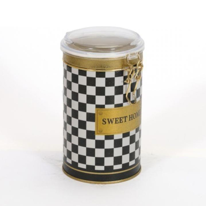 Ø90x130 mm Yuvarlak Metal Teneke Kutu 0.8L Tel Tokalı ve Şeffaf Kapaklı Kareli Desenli — Yuvarlak Kutular — Tinbox