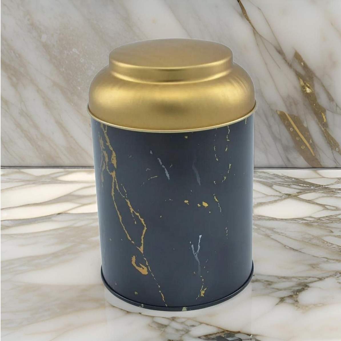 Ø105x130 mm Yuvarlak Metal Teneke Kutu 1L Tel Tokalı ve Şeffaf Kapaklı Mermer Siyah — Yuvarlak Kutular — görsel 4 / 4 — Ti…