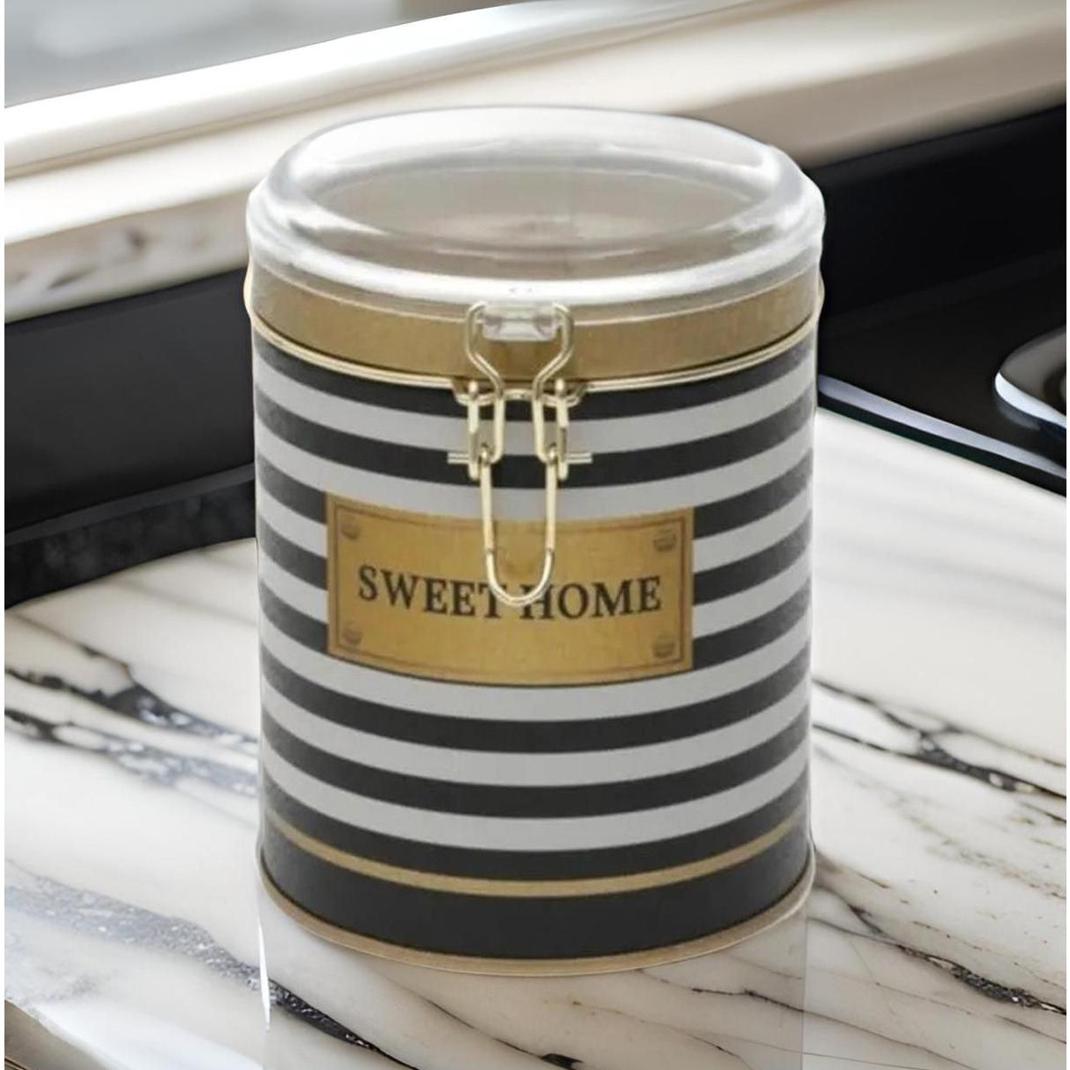 Ø105x130 mm Yuvarlak Teneke Kutu 1L Tel Toka ve Şeffaf Kapak Siyah Beyaz Çizgili Tatlı Ev — Yuvarlak Kutular — görsel 5 / …
