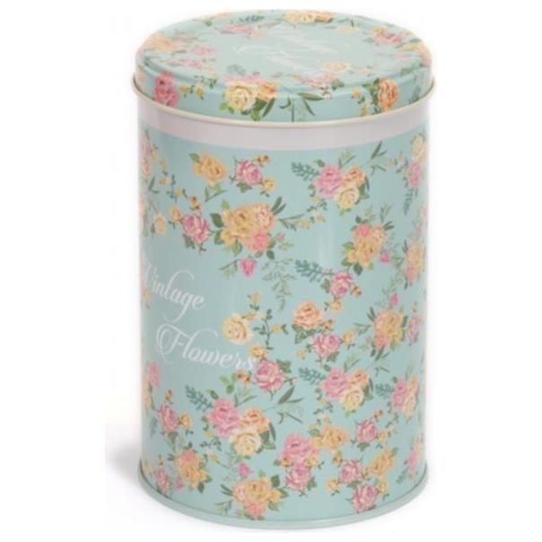 Ø105x130 mm Yuvarlak Teneke Kutu 1L Tel Toka ve Şeffaf Kapak Vintage Çiçekler — Yuvarlak Kutular — görsel 3 / 4 — Tinbox