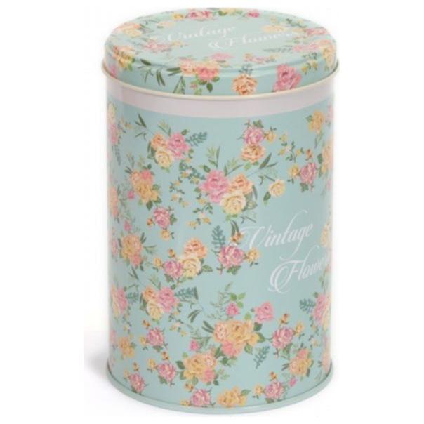 Ø105x130 mm Yuvarlak Teneke Kutu 1L Tel Toka ve Şeffaf Kapak Vintage Çiçekler — Yuvarlak Kutular — Tinbox
