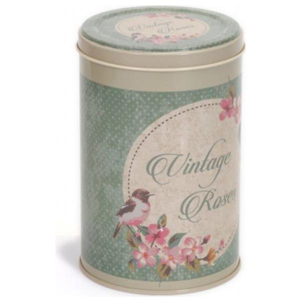 Ø105x130 mm Yuvarlak Teneke Kutu 1L Tel Toka ve Şeffaf Kapak Vintage Gül Desenli — Yuvarlak Kutular — Tinbox
