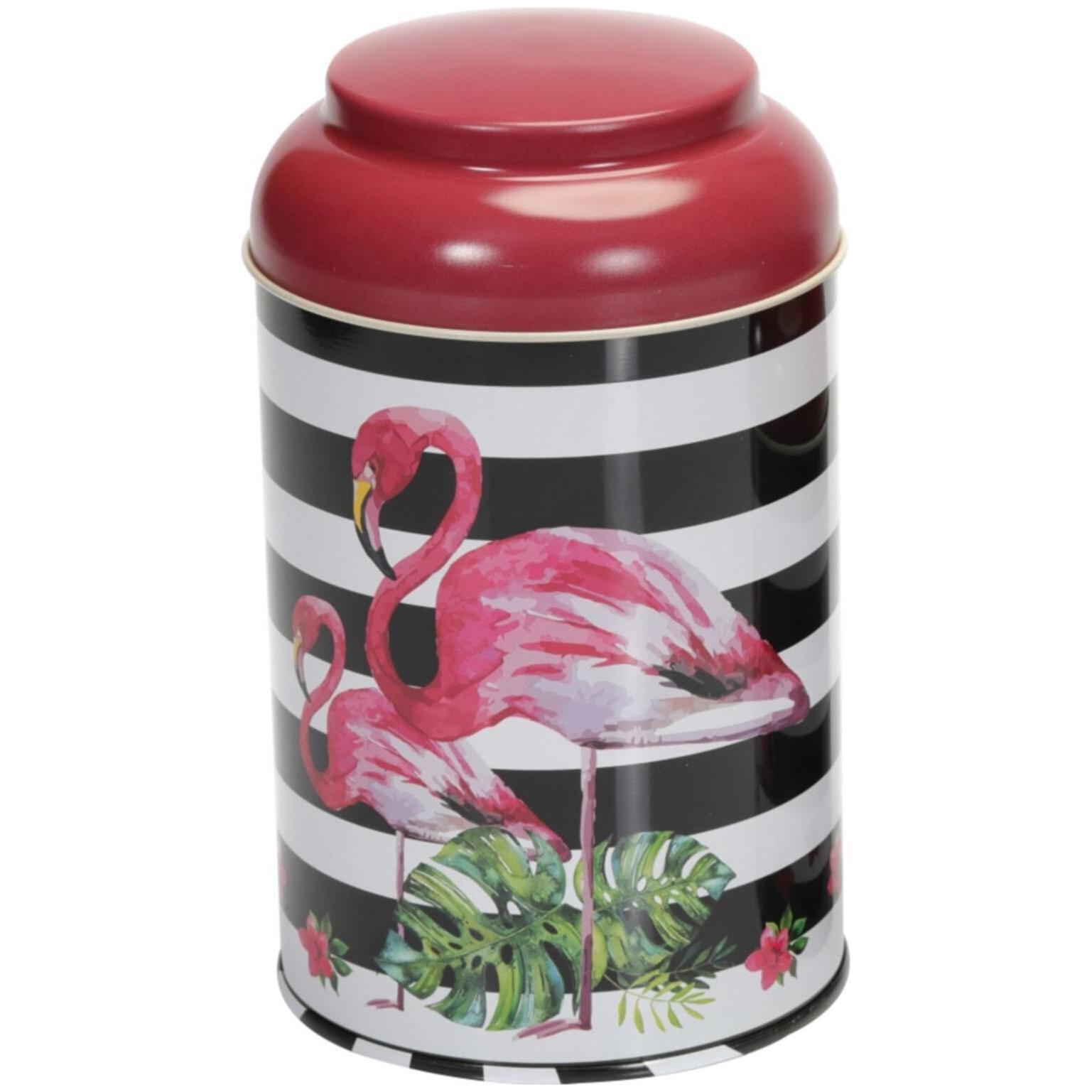 Ø105 x 150 mm Yuvarlak Metal Kutu – 1,2 L, Kubbeli Kapaklı, Pembe Flamingo Çizimli Arka Plan — Yuvarlak Kutular — görsel 2…