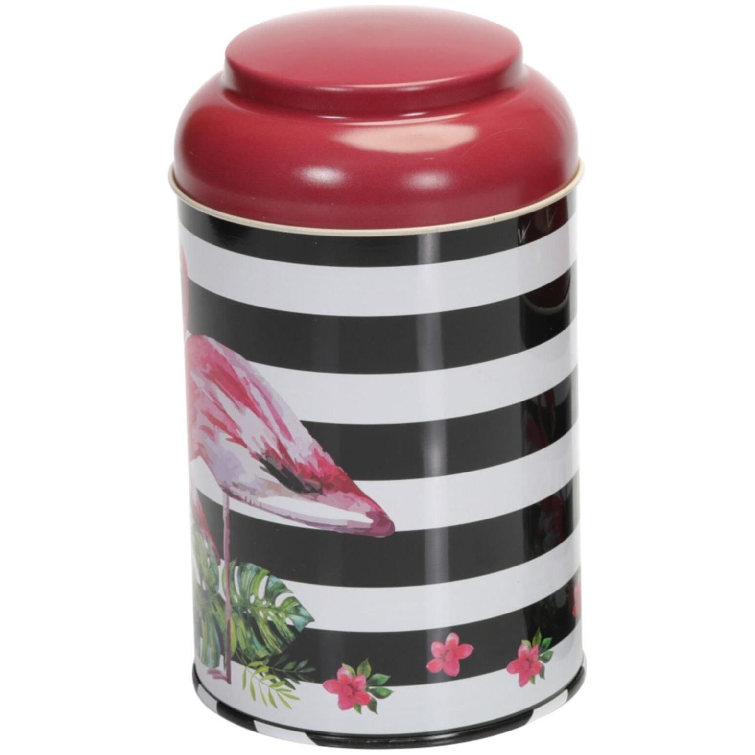 Ø105 x 150 mm Yuvarlak Metal Kutu – 1,2 L, Kubbeli Kapaklı, Pembe Flamingo Çizimli Arka Plan — Yuvarlak Kutular — görsel 3…