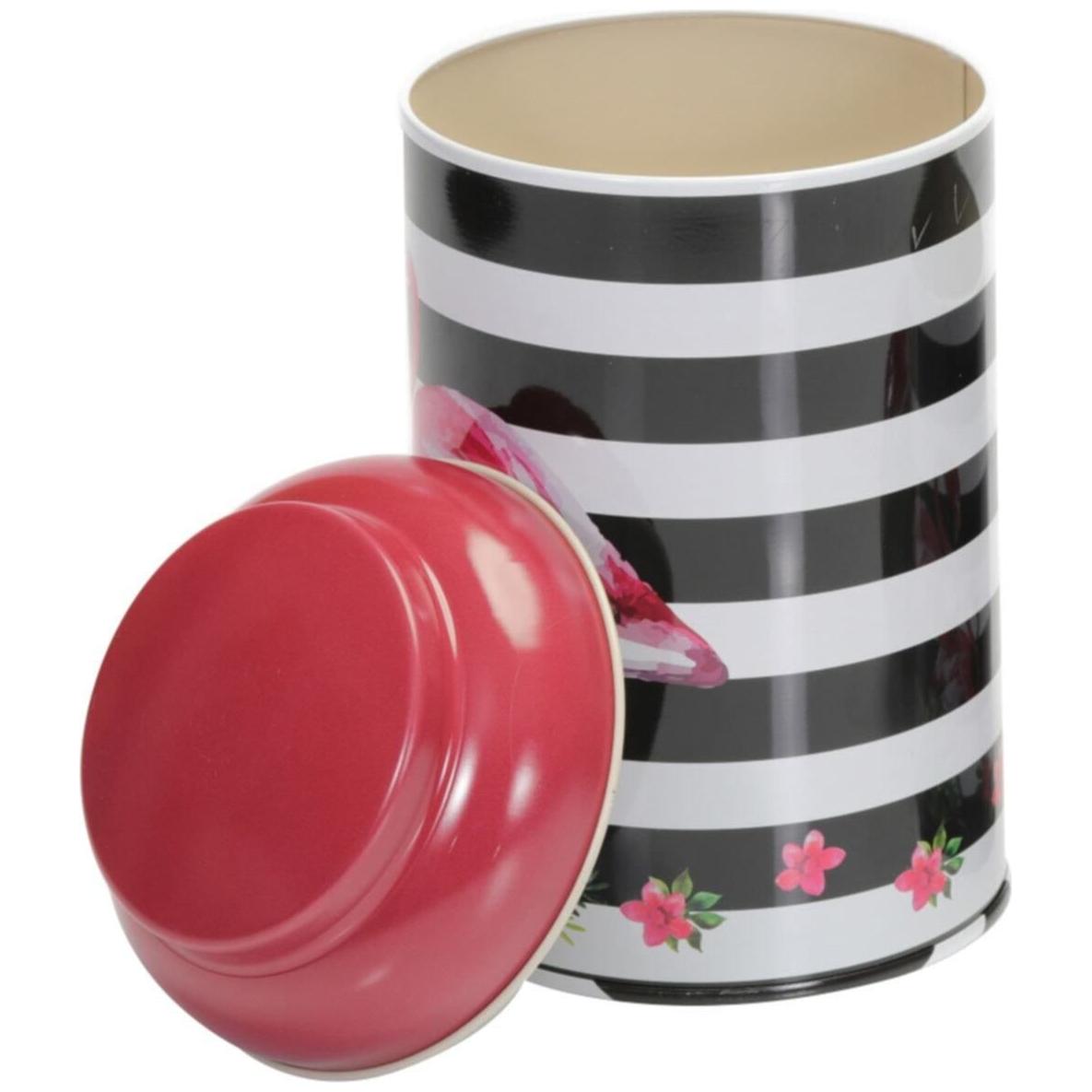 Ø105 x 150 mm Yuvarlak Metal Kutu – 1,2 L, Kubbeli Kapaklı, Pembe Flamingo Çizimli Arka Plan — Yuvarlak Kutular — görsel 4…