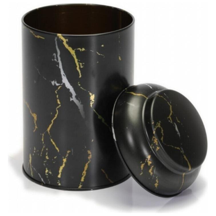 Ø105 x 150 mm Yuvarlak Metal Kutu – 1,2 Litre, Kubbeli Kapaklı, Mermer Siyah — Yuvarlak Kutular — görsel 2 / 5 — Tinbox