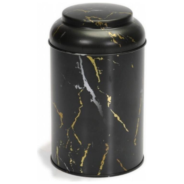 Ø105 x 150 mm Yuvarlak Metal Kutu – 1,2 Litre, Kubbeli Kapaklı, Mermer Siyah — Yuvarlak Kutular — görsel 5 / 5 — Tinbox