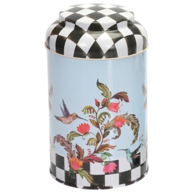 Ø105 x 150 mm Yuvarlak Metal Kutu – 1,2 L, Kubbeli Kapaklı, Kareli Desenli Kuş ve Çiçek Desenli — Yuvarlak Kutular — görse…