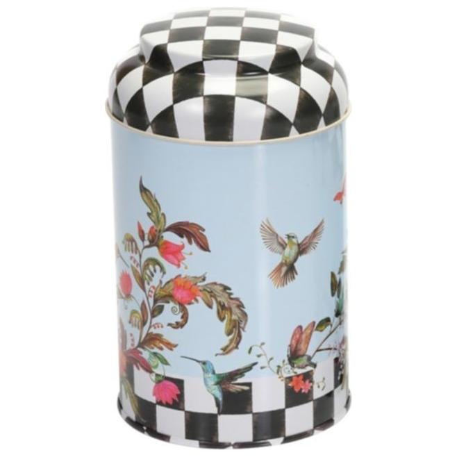 Ø105 x 150 mm Yuvarlak Metal Kutu – 1,2 L, Kubbeli Kapaklı, Kareli Desenli Kuş ve Çiçek Desenli — Yuvarlak Kutular — görse…