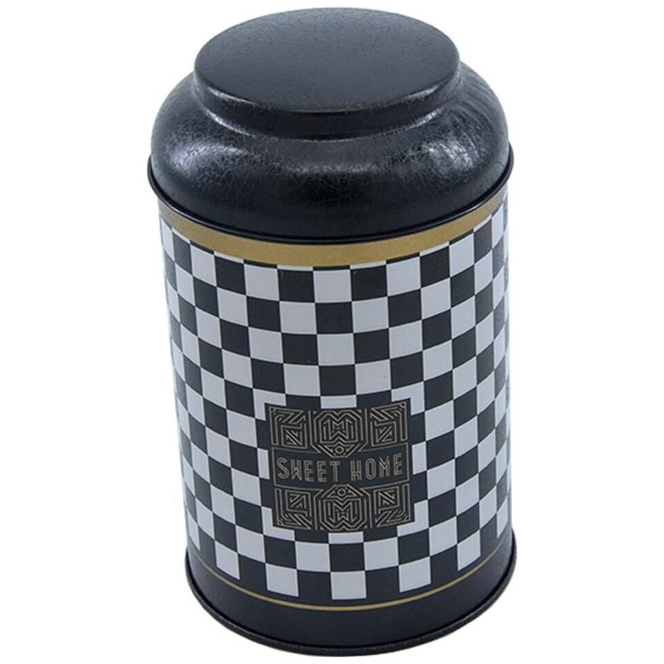 Ø105 x 150 mm Yuvarlak Metal Kutu – 1,2 L, Kubbeli Kapaklı, Tatlı Evim Kareli Arka Plan — Yuvarlak Kutular — Tinbox