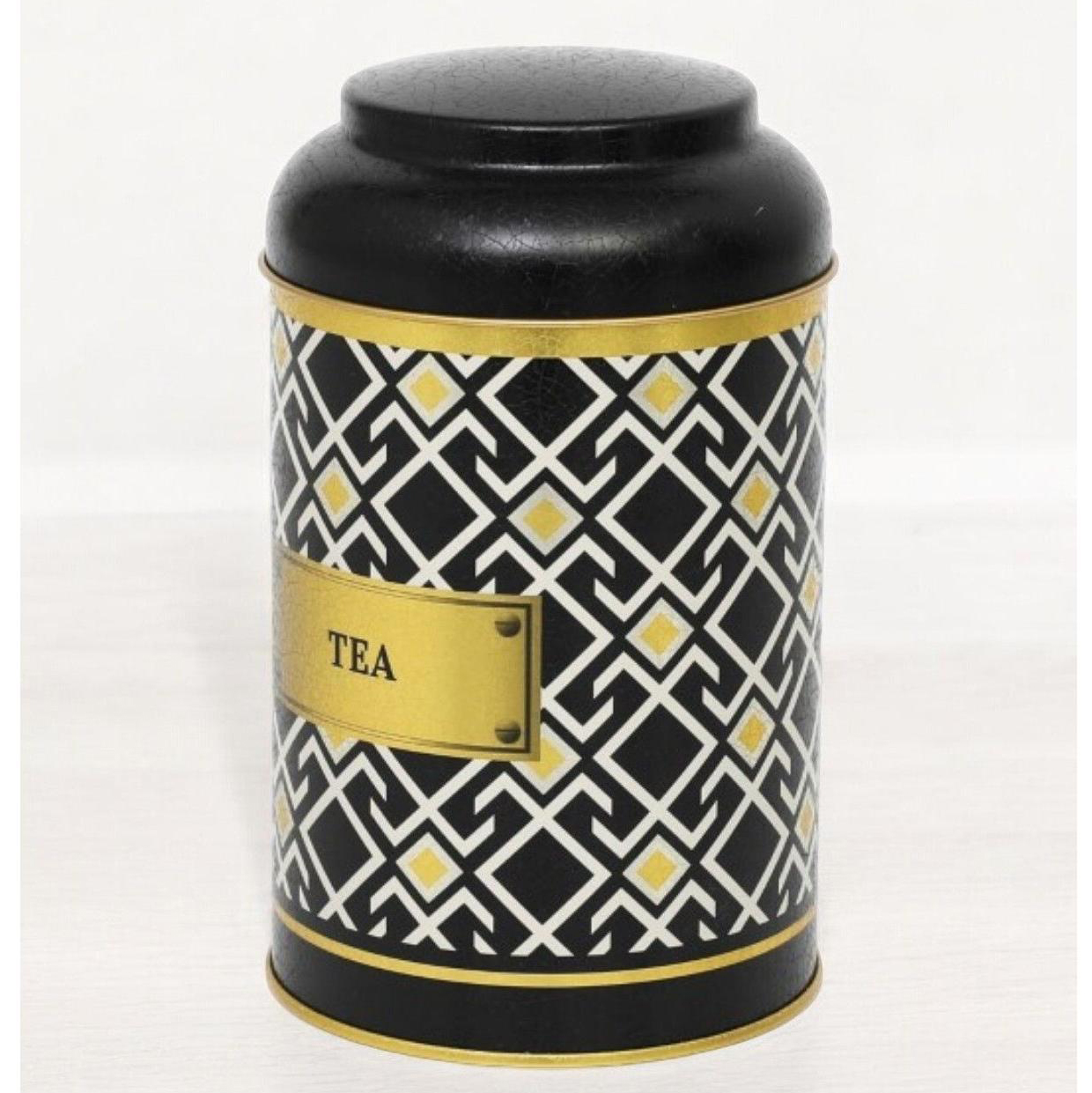 Ø105 x 150 mm Yuvarlak Metal Kutu – 1,2 Litre, Kubbeli Kapaklı, Dikişsiz Desen Tasarımı, Geometrik Çizgiler, Siyah Arka Pl…