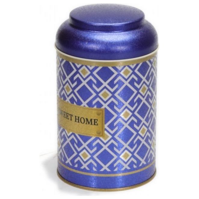 Ø105 x 150 mm Yuvarlak Metal Kutu – 1,2 L, Kubbeli Kapaklı, Dikişsiz Desen Tasarımı, Geometrik Çizgiler, Mavi Arka Plan — …