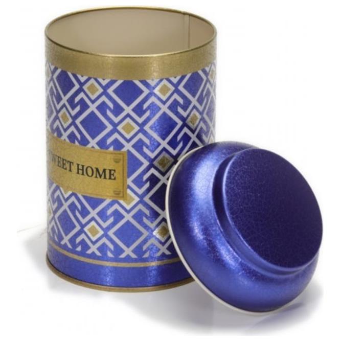 Ø105 x 150 mm Yuvarlak Metal Kutu – 1,2 L, Kubbeli Kapaklı, Dikişsiz Desen Tasarımı, Geometrik Çizgiler, Mavi Arka Plan — …