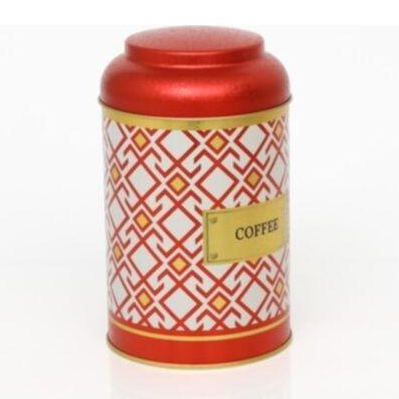 Ø105 x 150 mm Yuvarlak Metal Kutu – 1,2 L, Kubbeli Kapaklı, Dikişsiz Desen Tasarımı, Geometrik Çizgiler, Kırmızı Arka Plan…