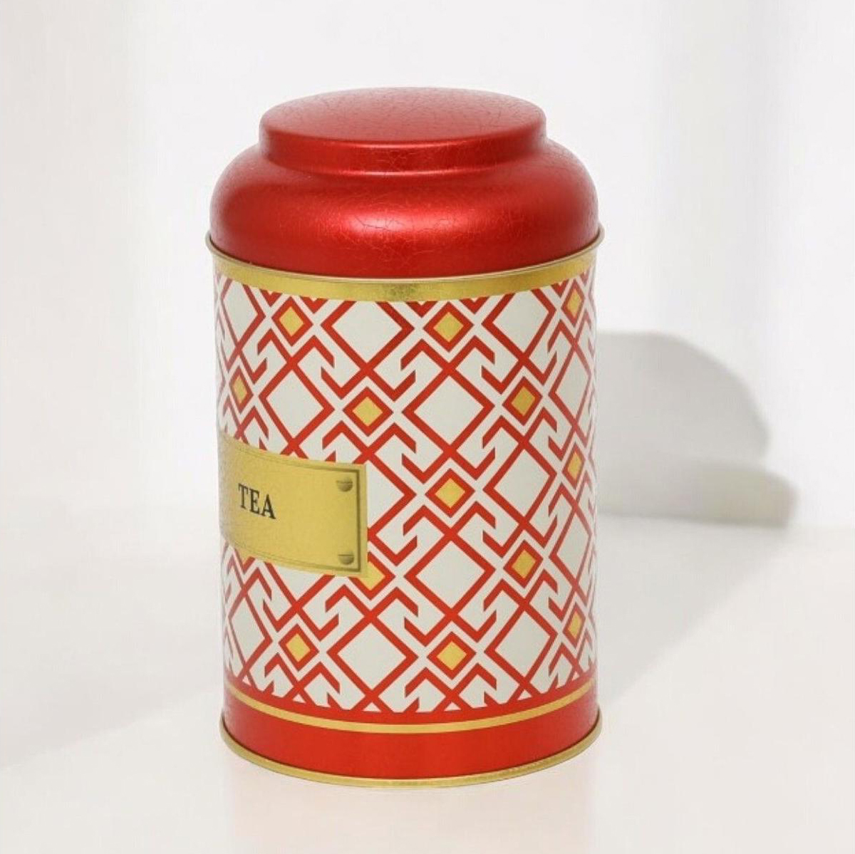 Ø105 x 150 mm Round Metal Tin – 1.2L with Dome Lid Seamless Pattern Design Geometric Lines Red Background — Round Boxes — …