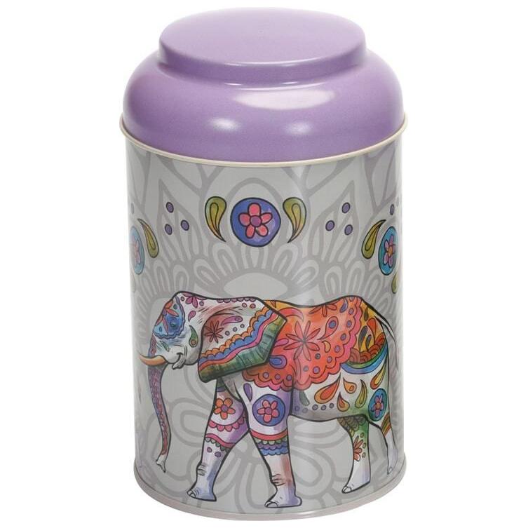 Ø105 x 150 mm Yuvarlak Metal Kutu – 1,2 Litre, Kubbeli Kapaklı, Bohem Mandala Fil Desenli — Yuvarlak Kutular — görsel 1 / …