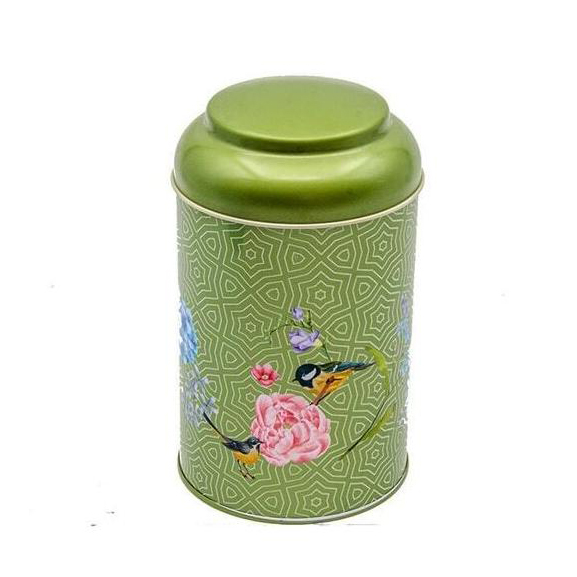 Ø105 x 150 mm Yuvarlak Metal Kutu – 1,2 L, Kubbeli Kapaklı, Geometrik Yeşil Zemin Üzerinde Kuşlarla Çiçek Uyumu — Yuvarlak…