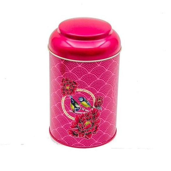 Ø105 x 150 mm Round Metal Tin – 1.2L with Dome Lid Floral Harmony with Birds on Geometric Red — Round Boxes — view 2 of 4 …