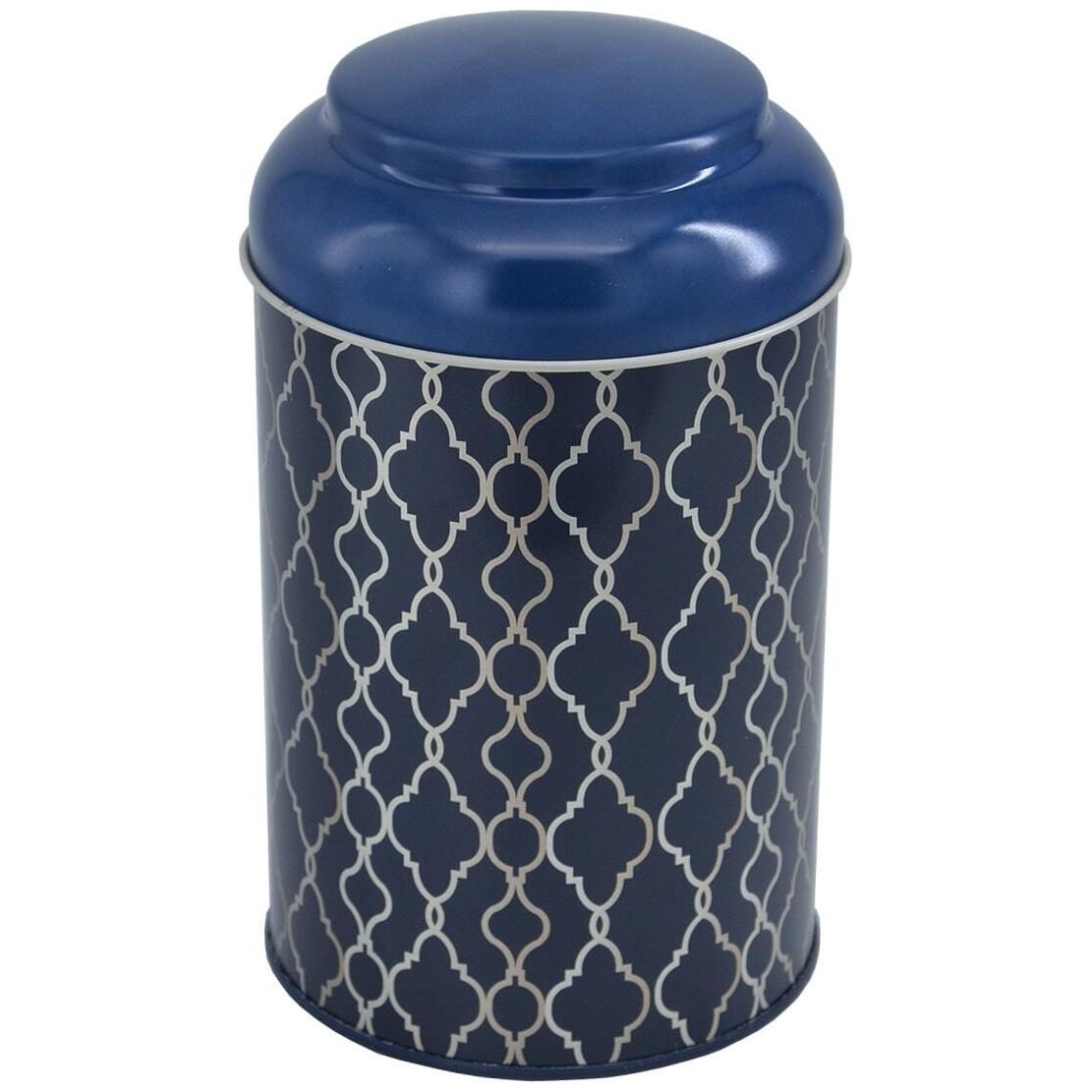 Ø105 x 150 mm Yuvarlak Metal Kutu – 1,2 L, Kubbeli Kapaklı, Altın Geometrik Desenli, Siyah Arka Planlı — Yuvarlak Kutular …