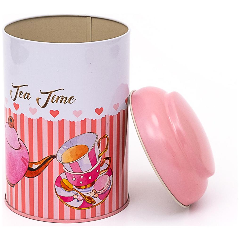 Ø105 x 150 mm Yuvarlak Metal Kutu – 1,2 L, Kubbeli Kapaklı Çaydanlık ve Fincan, Pembe Çizgili Arka Plan — Yuvarlak Kutular…